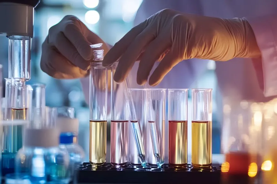 scientist working on chemicals in flasks