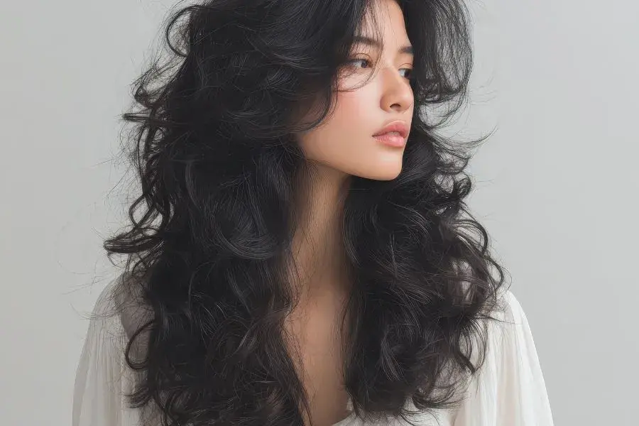 A girl looking to the side with bouncy hair.