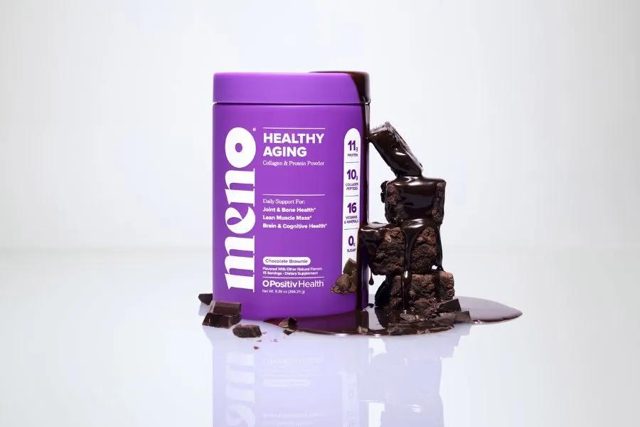 Meno's collagen supplement in purple packaging.