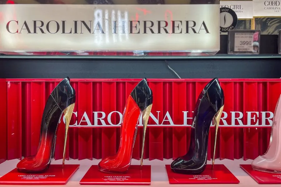 Carolina Herrera fragrances on display in a store