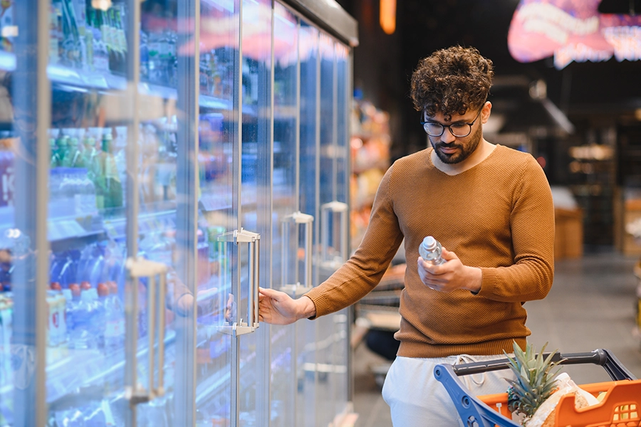 Man shopping for food in a supermarket.