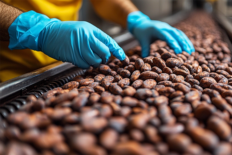 Worker sorting cocoa with rubber gloves.