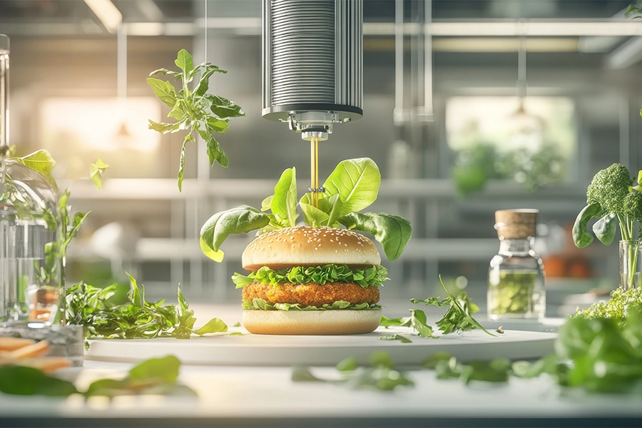Plant-based burger in lab.