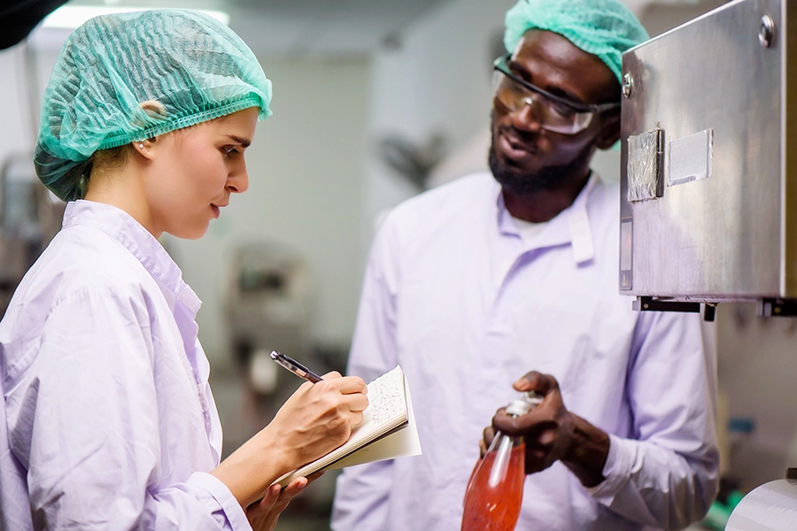 Food scientists analyze beverage product.
