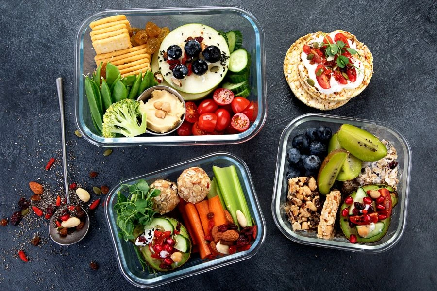 Bowls with fruit and vegetables