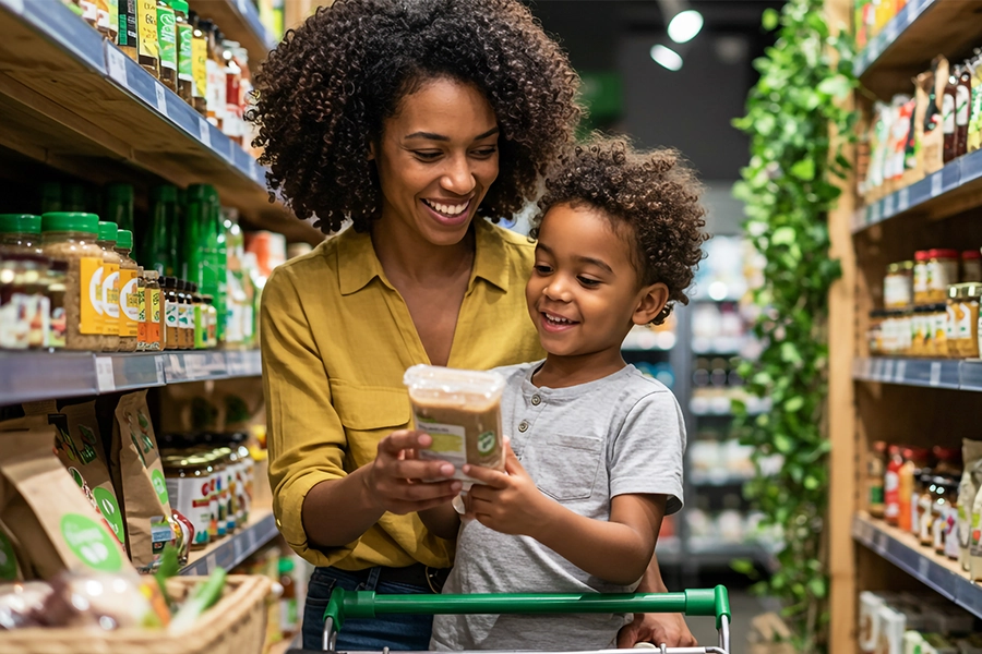 Woman and child choosing food products in a supermarket.
