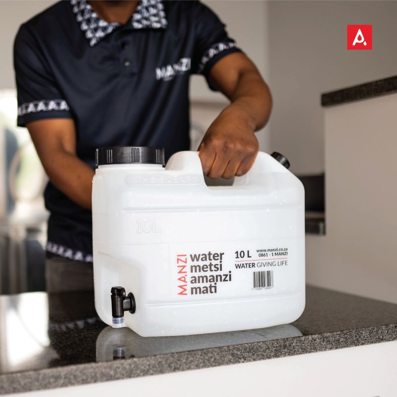 Manzi Water's refillable packaging.