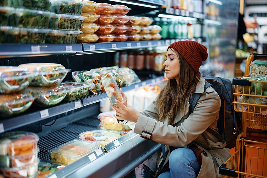 Young woman shopping for healthy ready meals in supermarket.