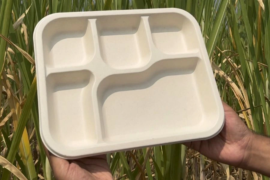 Holding molded fiber tray in hands