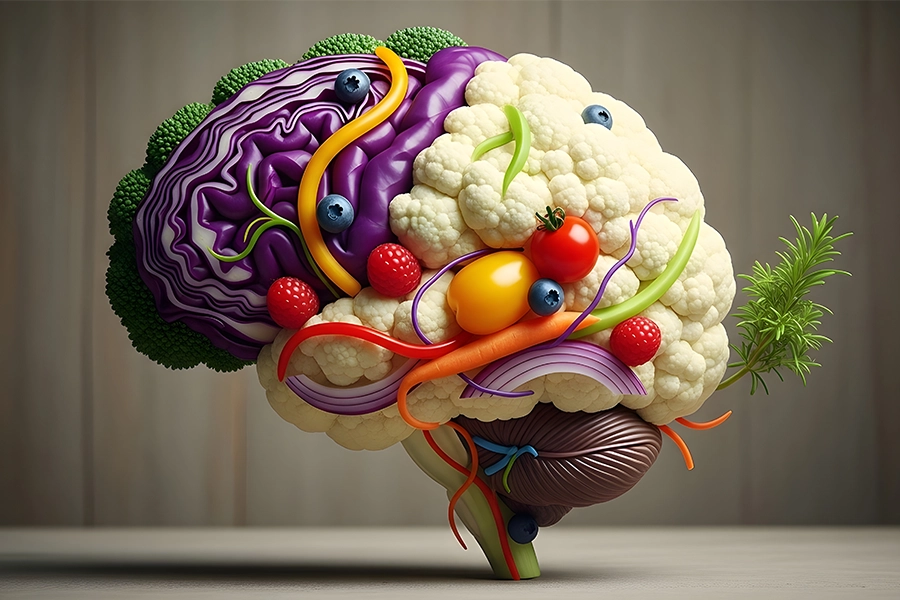 Healthy brain supported by fruits and vegetables.