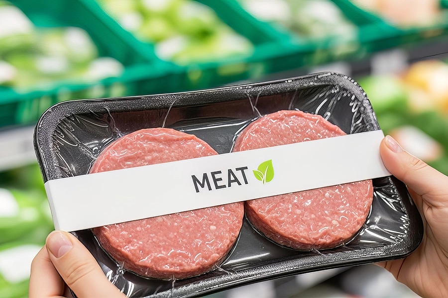 Hands holding packaged plant-based burgers.