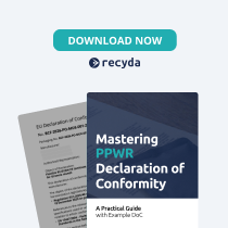 Promotional graphic from Recyda featuring a “Download Now” button and a guidebook titled “Mastering PWR Declaration of Conformity” alongside a document mockup on a gray background. Promotional graphic from Recyda featuring a “Download Now” button and a guidebook titled “Mastering PWR Declaration of Conformity” alongside a document mockup on a gray background