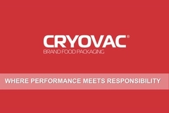 Cryovac brand food packaging logo in white on a red background with the slogan “Where Performance Meets Responsibility” Cryovac brand food packaging logo in white on a red background with the slogan “Where Performance Meets Responsibility”