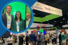 IFT First 2026 Ingredion video thumbnail: Ingredion trade show booth crowded with attendees, with three smiling representatives featured in a circular inset IFT First 2026 Ingredion video thumbnail: Ingredion trade show booth crowded with attendees, with three smiling representatives featured in a circular inset