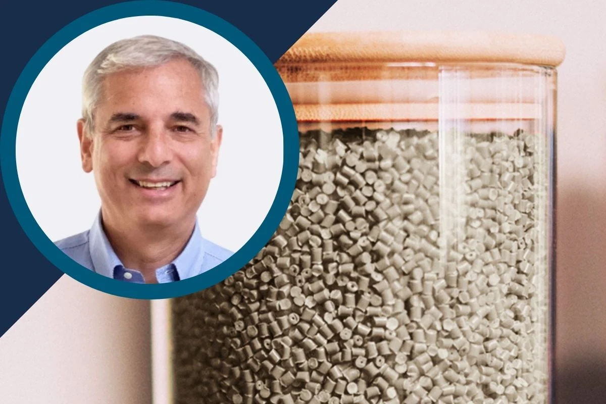 Image UBQ Material video thumbnail: Smiling man in a circular portrait beside a container filled with gray plastic pellets for manufacturing