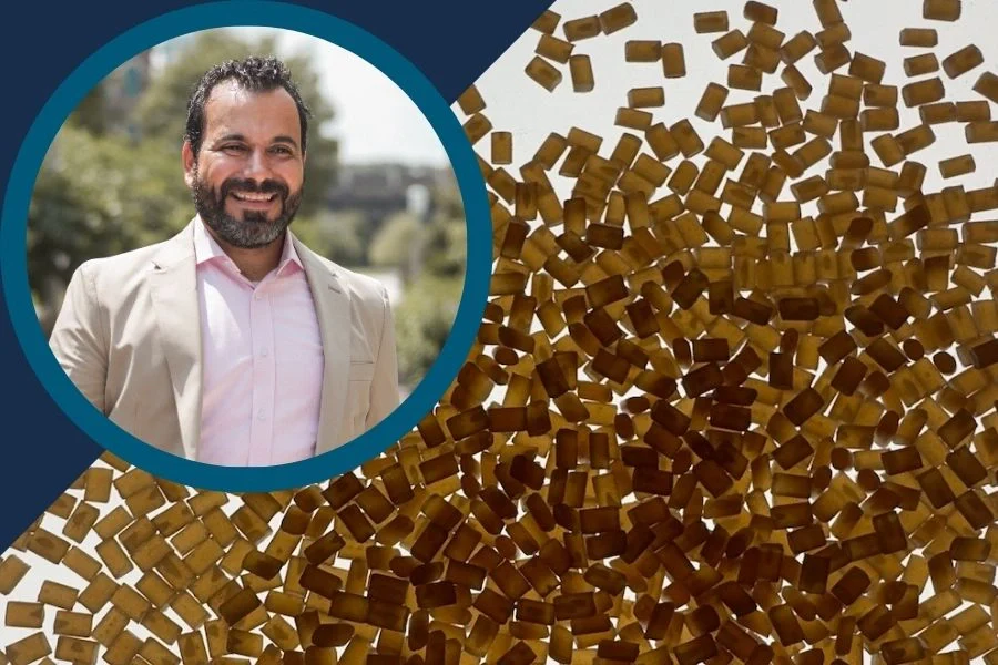 RAWS Americas video thumbnail: Smiling man in a blazer beside a close-up pattern of amber-colored plastic pellets